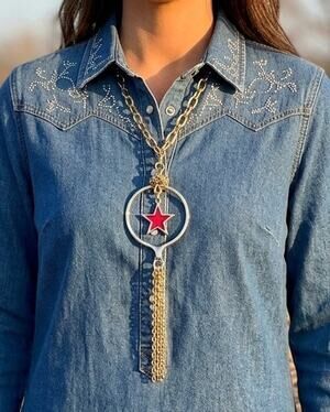 TEXAS LONE STAR Red Enamel Inlay Antiqued Gold Tone Necklace w/Tassel 31-34”